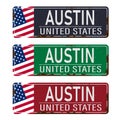 Retro tin sign collection with USA city names Austin. Vintage vector souvenir sign Royalty Free Stock Photo