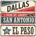 Retro tin sign collection with USA city names