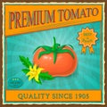 Retro tomato vintage advertising poster. label or banner with red ripe tomato fruits, green leaves in vintage style