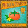 Retro tomato vintage advertising poster. vector label or banner with red ripe tomato fruits, green leaves in vintage style. square