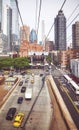Retro toned picture of Manhattan city life seen from the Roosevelt Island Tramway cable car, New York City, USA Royalty Free Stock Photo