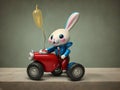 Retro toy bunny rides a tractor.