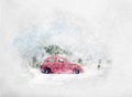Retro toy car carrying tiny Christmas tree. Watercolor. Royalty Free Stock Photo