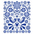 Scandinavian cute folk art vector decoration with birds and flowers, Scandinavian navy blue floral pattern