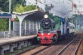 Retro train departs from the platform. Moscow region