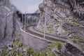 Retro train on a mountain rail landscape