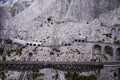 Retro train on a mountain rail landscape