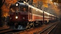 Retro train set in 70 century, vintage train on rails stop at station,