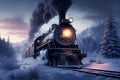 A retro train with a steam locomotive rides among a snowy landscape