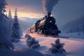 A retro train with a steam locomotive rides among a snowy landscape