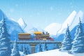 High-speed train traveling by rail, on a bridge, among mountains, snow-covered hills, winter forest pines and hills. Winter fir Royalty Free Stock Photo