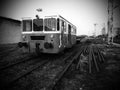 Retro train wagon. Vintage locomotive made in Yugoslavia. Sremska Mitrovica, Black white monochrome photography. The