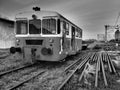 Retro train wagon. Vintage locomotive made in Yugoslavia. Sremska Mitrovica, Black white monochrome photography. The