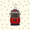 Retro tram card. Old red Turkish motor transport of the city. Tramcar for city trips. Electric cars Streetcar in the