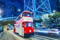 Retro tram on the evening city street.