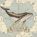 Retro travel banner with big whale and old map Royalty Free Stock Photo