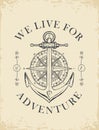 Retro travel banner with ship anchor and wind rose