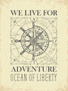 Retro travel banner with ship wheel and wind rose Royalty Free Stock Photo