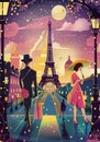 Retro travel poster depicts modern Paris with bold colors and stylized landmarks. Royalty Free Stock Photo