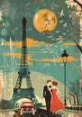 Retro travel poster depicts modern Paris with bold colors and stylized landmarks. Royalty Free Stock Photo