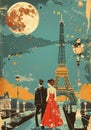 Retro travel poster depicts modern Paris with bold colors and stylized landmarks. Royalty Free Stock Photo