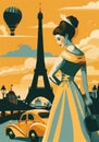 Retro travel poster depicts modern Paris with bold colors and stylized landmarks. Royalty Free Stock Photo