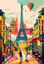 Retro travel poster depicts modern Paris with bold colors and stylized landmarks. Royalty Free Stock Photo