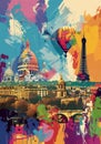 Retro travel poster depicts modern Paris with bold colors and stylized landmarks. Royalty Free Stock Photo