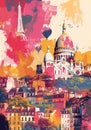 Retro travel poster depicts modern Paris with bold colors and stylized landmarks. Royalty Free Stock Photo