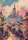 Retro travel poster depicts modern Paris with bold colors and stylized landmarks. Royalty Free Stock Photo