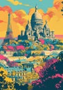 Retro travel poster depicts modern Paris with bold colors and stylized landmarks. Royalty Free Stock Photo