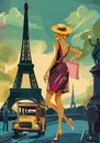 Retro travel poster depicts modern Paris with bold colors and stylized landmarks. Royalty Free Stock Photo