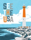 Retro travel poster design of lighthouse and rocky coast. For poster, banner, travel sticker.