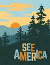 USA travel poster of mountains and pine trees at sunset. Limited colors, no gradients.