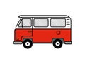 Retro travel red van icon. Surfer van. Vintage travel car. Old classic camper minivan. Retro hippie bus. Retro travel bus, great Royalty Free Stock Photo