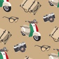 Retro travel. Seamless pattern with camera, sunglasses, suitcase, scooter. Italy