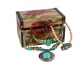 Retro treasure chest full of jewelry isolated Royalty Free Stock Photo