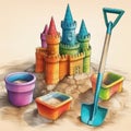 Retro Tropical Beach Sandcastle Making with Mini Shovel and Bucket.