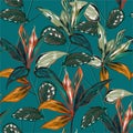 Retro Tropical forest botanical Motifs scattered random. Seamless vector texture Floral pattern in the many kind of wild plants