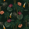 Retro Tropical island with hibiscus floral print. variety of jungle palm trees and sailing boat on dark green texture exotic print