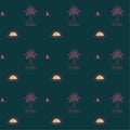 Retro Tropical palm tree island ,wave,sun,beach, fin shark minimal repeat seamless pattern design for fashion,fabric,wallpaper,web Royalty Free Stock Photo