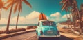 retro tropical travel road vintage summer beach trip car vacation. Generative AI. Royalty Free Stock Photo