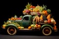Retro truck filled with different kinds of vegetables. Harvesting concept