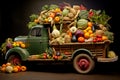 Retro truck filled with different kinds of vegetables. Harvesting concept