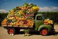 Retro truck filled with different kinds of vegetables. Harvesting concept