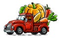 Retro truck loaded with farm food. Farming, organic products vector illustration