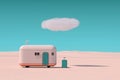 Retro Turist Camp Trailer with Suitcase in Desert with Cloud. 3d Rendering Royalty Free Stock Photo