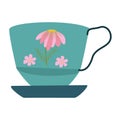 Retro turquoise tea cup with pink daisy decor Royalty Free Stock Photo