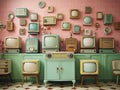 Retro TV Collection: Pastel-Colored Room Adorned with Vintage Screens