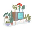 Retro TV on the legs, vintage TV, plants around. Home story. Vector illustration.